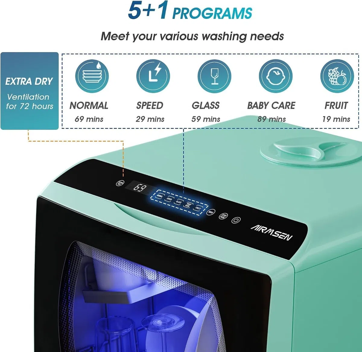 LONGCAO Mini Lavastoviglie da Tavolo, 6 Programmi Contropiano con Serbatoio Acqua 5L, Doppia Alimentazione Idrica, Controllo Touch e Display LED, Perfetta per Cucine Do, Green