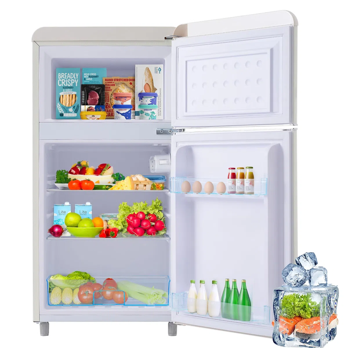 Frigorifero retrò a doppia porta con congelatore in bianco, volume totale 72 l (congelatore da 21 l), classe di efficienza energetica E e funzionamento extra silenzioso da 39 dB, inodore
