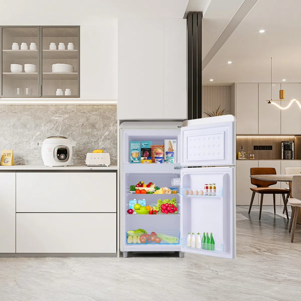 Frigorifero retrò a doppia porta con congelatore in bianco, volume totale 72 l (congelatore da 21 l), classe di efficienza energetica E e funzionamento extra silenzioso da 39 dB, inodore