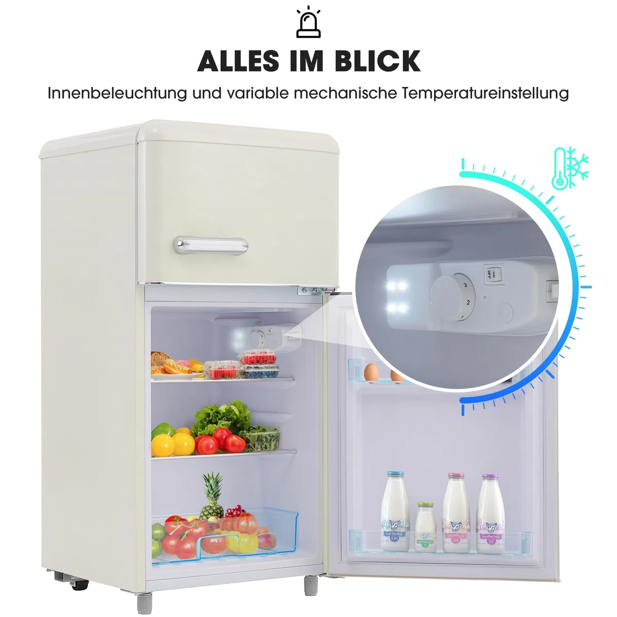 Frigorifero retrò a doppia porta con congelatore in bianco, volume totale 72 l (congelatore da 21 l), classe di efficienza energetica E e funzionamento extra silenzioso da 39 dB, inodore