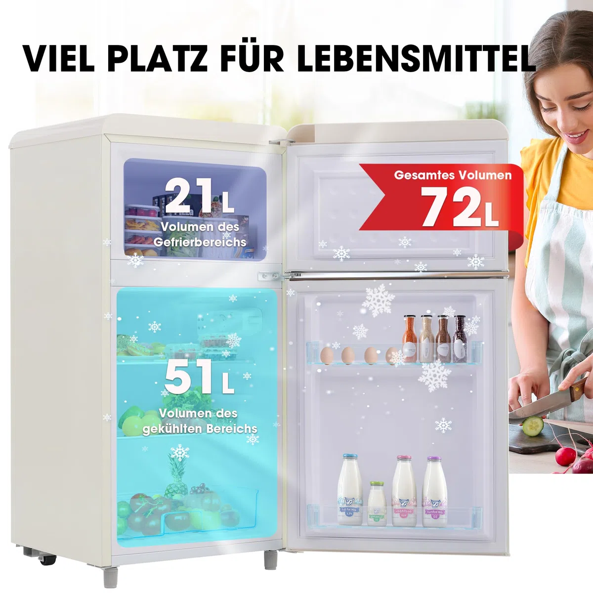 Frigorifero retrò a doppia porta con congelatore in bianco, volume totale 72 l (congelatore da 21 l), classe di efficienza energetica E e funzionamento extra silenzioso da 39 dB, inodore