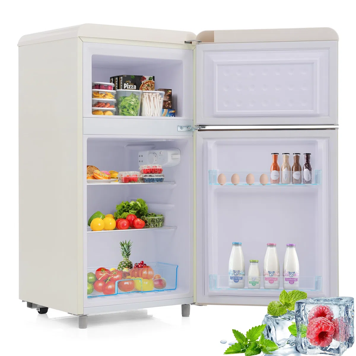 Frigorifero retrò a doppia porta con congelatore in bianco, volume totale 72 l (congelatore da 21 l), classe di efficienza energetica E e funzionamento extra silenzioso da 39 dB, inodore