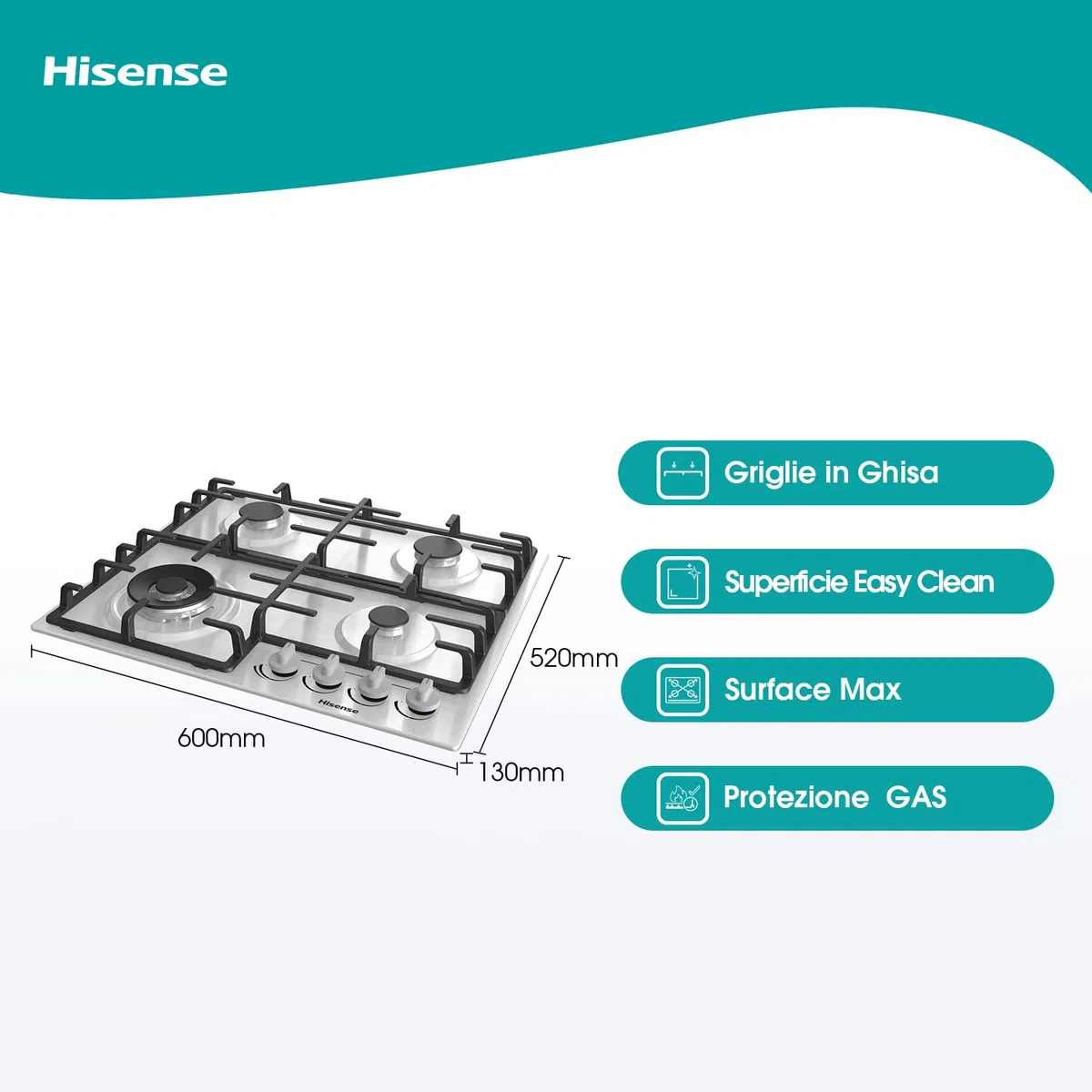 Hisense GM663XB Piano Cottura a Gas, 4 Zone di Cottura, Larghezza 60 cm, Bruciatore Wok Doppia Corona e Griglie in Ghisa, Accensione Integrata, Inox Anti Impronta 60x52x13cm