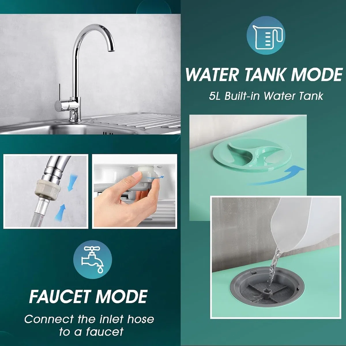 LONGCAO Mini Lavastoviglie da Tavolo, 6 Programmi Contropiano con Serbatoio Acqua 5L, Doppia Alimentazione Idrica, Controllo Touch e Display LED, Perfetta per Cucine Do, Green