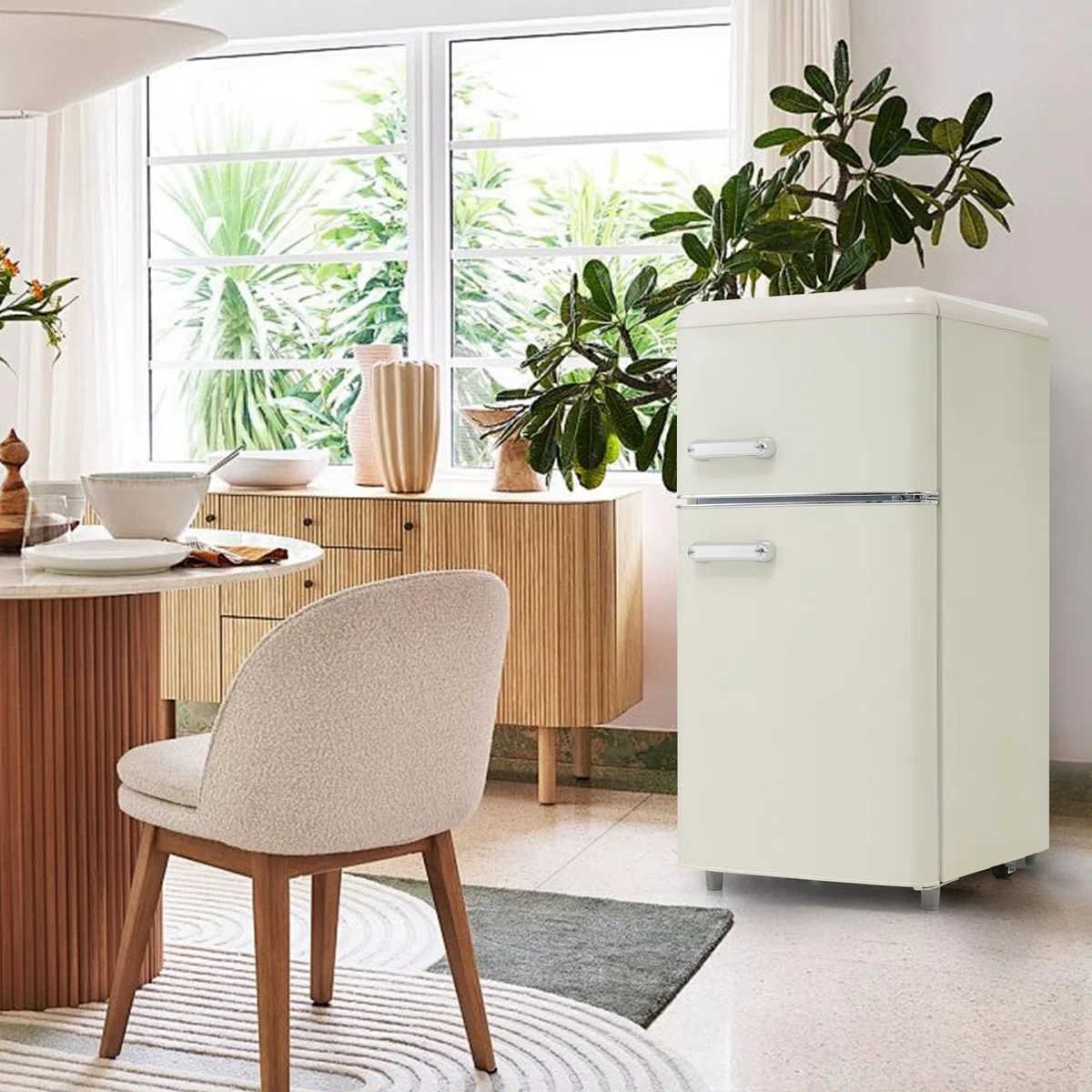 Frigorifero retrò a doppia porta con congelatore in bianco, volume totale 72 l (congelatore da 21 l), classe di efficienza energetica E e funzionamento extra silenzioso da 39 dB, inodore